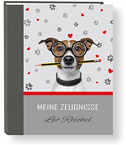 Zeugnismappe personalisiert Smart Dog A4 ca. 31x24 cm, grau rot, Zeugnisbuch Hund, Urkundenmappe Einschulung, Schulanfang