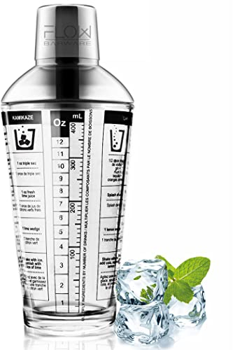 Questo set di cocktail in vetro di flusso include un bicchiere dosatore integrato con colino da cocktail e ricette di cocktail tutto in un set di shaker per cocktail