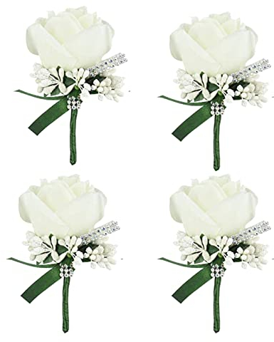 DIYARTS 4 Stück Künstliche Handgefertigte Satin Weiße Rose Blumen Hochzeit Blumen für Braut Bräutigam Hochzeitsanzug Kleid Dekor Hochzeit Prom