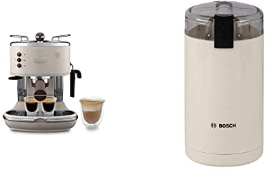De'Longhi Icona Vintage Espresso Siebträgermaschine ECOV311.BG - mit professioneller Milchaufschäumdüse, 15 bar, 1,4 l, beige & Bosch Hausgeräte TSM6A017C Kaffeemühle, Kunststoff, Creme