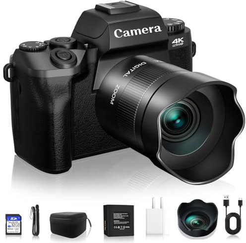 NIKICAM - Cámaras digitales para fotografía, cámara de vlogging WiFi 4K 64MP para YouTube con pantalla táctil de 4 pulgadas, cámara dual, flash, tarjeta TF de 32 GB, parasol de lente y batería de 3000