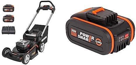 WORX Nitro - Tondeuse à Gazon tractée Brushless sans Fil 20V-2 * 4Ah - WG749E - Ø46cm - Jusqu'à 500m² & Batterie Lithium-ION 20V - 4Ah - WA3553(Compatible Outils sans Fil Worx PowerShare)