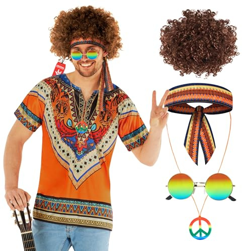 Morph Hippie kostym herr 70-talsdräkt, retro 70-talsdräkter för vuxna, vintage hippieklädsel för män, festivalkläder, Orange, XL