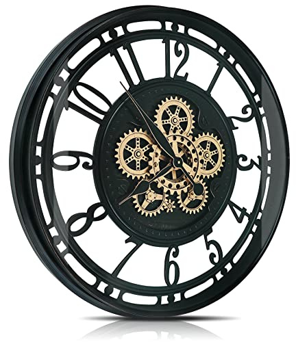 DORBOKER Moving Gears Wall Clock Large Modern Metal Clocks for Living Room Decor, Industrial Steampunk Unique Vintage Rustic Decorative Clock for Home Farmhouse Office,76cm,Black Gold Arabic