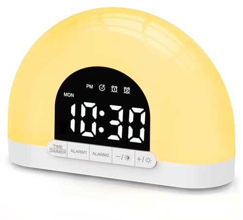 Réveil lumineux avec Simulation du Lever du Soleil, Lampe de Réveil avec Double Alarme, Veilleuse, Répétition, 7 Sons d'Alarme, Modes 7-5-2 pour Enfants, Adultes, Gros Dormeurs, Chambre à Coucher