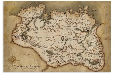 DEEBOW Póster de viaje con mapa de Skyrim con acabado brillante, 20 x 30 cm
