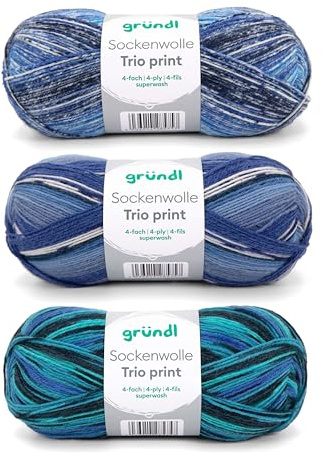 Gründl Juego de 3 ovillos de lana para calcetines (75% lana virgen, 25% poliamida) + instrucciones (idioma español no garantizado), color azul y verde