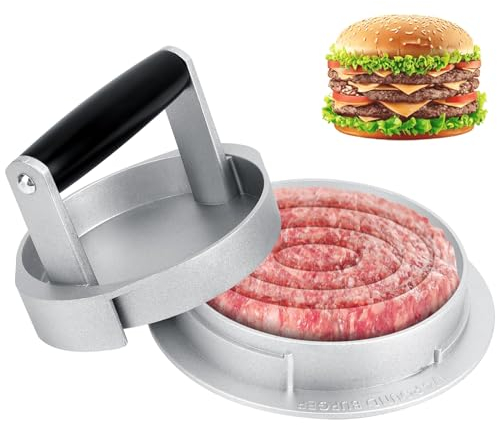 Burgerpresse 14cm 3 in 1 Größen einstellbar Aluguss Burger Pattie Presse, Professioneller Hamburgerpresse mit Holzgriff für Hamburger Patties und BBQ