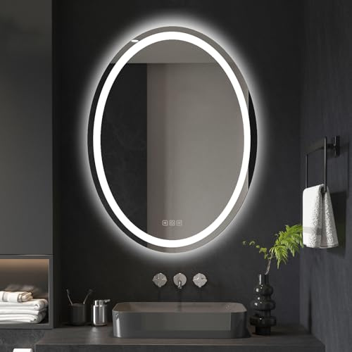 furduzz Miroir mural à LED ovale avec interrupteur tactile, fonction d'atténuation de la mémoire, lumière 3 couleurs, fonction anti-buée, IP44 600 x 800 mm