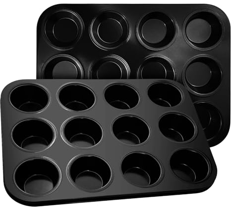 tekenewbse 2 Pezzi Teglia Muffin Antiaderente con 12 Stampo Muffin, Riutilizzabili Acciaio al Carbonio Stampi per Muffin da Forno per Budini, Cupcake, Brownies, Mini Muffin 35 X 26 X 3.5 cm (Nero)