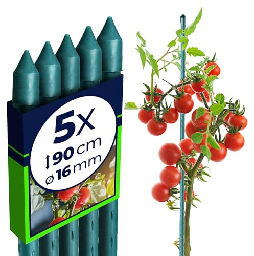 KADAX Blomstöd av stål 5 stycken, 90 cm x 16 mm belagd växtstång, växtspaljé, väderbeständigt växtstöd, tomatstavar, växtstöd med krokar