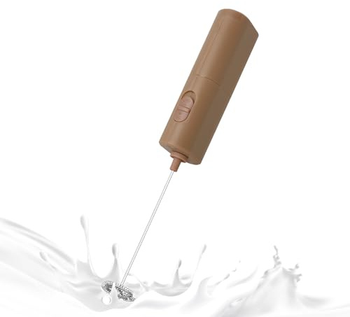 ELMWAY Compact Handheld Electric Milk Frother – Battery Operated Coffee Frother & Mini Electric Whisk for Latte, Cappuccino & Matcha (2 × AA Batteries) – Brown