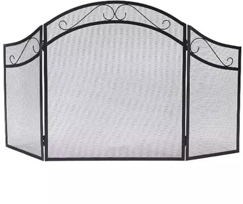 GTPBAO Funkenschutzgitter Schwarzer Kaminschirm Aus Schmiedeeisengeflecht - Faltbarer 3-Platten-Kaminfunkenschutz für Holzöfen, 128×78cm