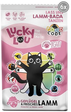 Lucky Lou Adult Trockenfutter Light für Katzen - 6 x 750g Geflügel & Lamm - Food Code Katzenfutter trocken für sterilisierte Katzen, ohne Getreide & Zucker