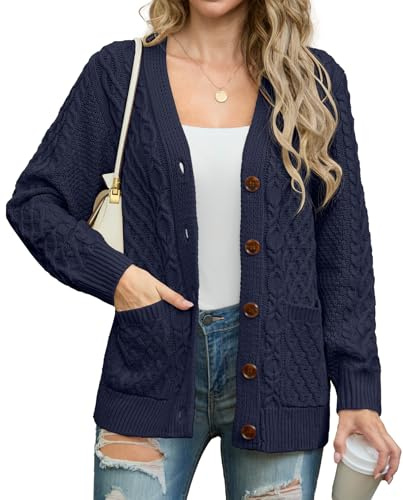 GRECERELLE Cárdigan para Mujer de Punto Aran Cable Manga Larga Abotonado Oversized Jumper Cardigan Tejido con Bolsillos para Invierno Otoño Primavera, azul marino, L