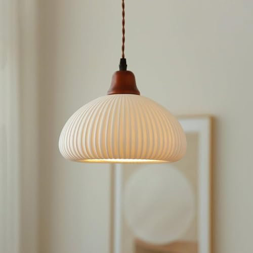 Ribbed Milk Glass Pendant Light Fixture | Mid-Century Modern Pendant Lighting with Wood | Large Ceiling Hanging Lamp | Rustic Farmhouse Chandelier for Kitchen Island, Bedroom, Dining Room, Table(Dome)