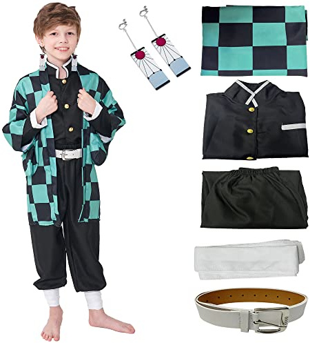 Costume de kimono Tanjiro pour enfants, ensemble de déguisement de cosplay, cape, uniforme pour Halloween, vestes, manteau d'anime pour garçons et filles (vert, taille 140)
