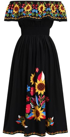 IMEKIS Vestido mexicano con estampado floral para mujer, disfraz de Halloween, sin mangas, hombros descubiertos, fruncido, largo, bohemio, vestido de verano Senorita Cinco de Mayo Fiesta, Negro , S
