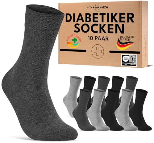 sockenkauf24 Calze Diabetici Uomo 43-46 Nero Grigio senza Elastico Cotone senza Cucitura 10 Paia