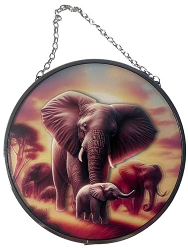 Elephant Family Stained Glass Suncatcher - 6-Inch Decorative Window Hanging, Vibrant Elephant Design