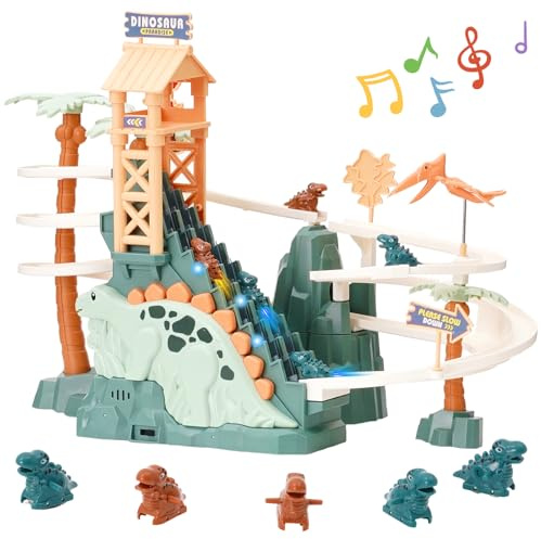 Maycoly Dinosaurier Kletterrutsche Spielzeug Rennbahn Doppelschleifenbahn Rutsche mit Musik Dinosaurier Klettern Treppe Spielzeug für Kinder Intelligenz pädagogische Puzzle Playsets ab 3 Jahre, Grün