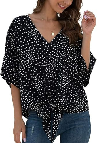 YGJIEGENG Sommarblusar för kvinnor V-hals vardaglig elegant 3/4 fladdermusärm toppar tröjor för kvinnor UK S-XXL, Svart punkt, XL