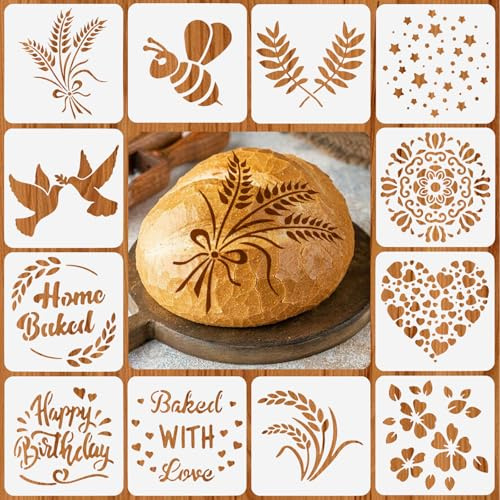 12 Pezzi Stencil per Pane,15 x 15cm Stencil per Decorare Torte, Disegno DIY