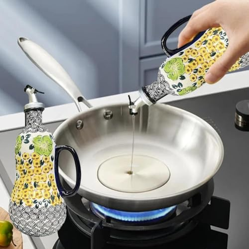 700ml Italian Ceramic Olive Oil Dispenser Bottle,Hand Painted Olive Oil Bottles,Stoneware Olive Oil Cruet for Kitchen with Stainless Steel Spout,for Oils,Vinegar,Coffee Syrups,Sauces (Yellow)