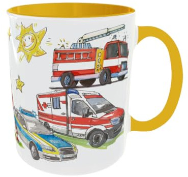 Tasse mit Namen Rettungsfahrzeuge, personalisierte Kindergartentasse Feuerwehr, Tasse mit Polizei, personalisierter Kinderbecher mit Feuerwehr Polizei