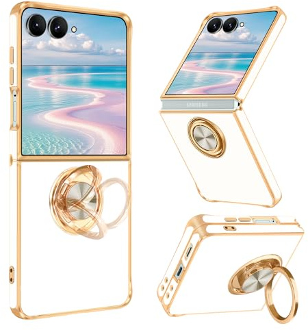 Fingic Schutzhülle für Samsung Galaxy Z Flip 7, mit 360° drehbarem Ringhalter, unterstützt magnetische Autohalterung, glänzende Beschichtung, goldfarben, schmale Passform, dünn, weiches TPU, stoßfest