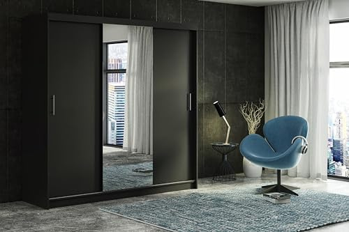 ELUKS Modern Sliding Double Door Wardrobe with Mirror, 2/3 Doors, up to 8 Drawers and 4 Hanging Rails Colours: WHITE/BLACK/OAK/GREY Width: 100cm/120cm/150cm/180cm/200cm (Black, 200cm No drawers)