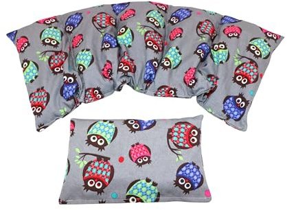 BUNTE MISCHUNG Kirschkernkissen 2 er Set Langes 51 x 20 cm 5 Kammer + kleines Körnerkissen Wärmekissen XXL Schulterkissen Nackenkissen Mikrowelle + Backofen (Grau Eulen, Weizen)