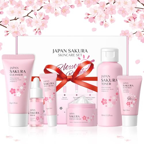 BeauBase Sakura Skincare Kit, Cuidado Facial Mujer Kit Regalo, 6 unidades Humectante Facial Adolescentes, para Hidratante Nutritivo Suavizante y SPF50 Protección UV