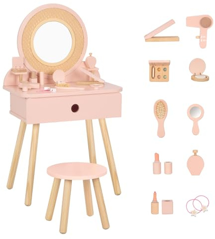 OOOK Coiffeuse rose pour enfants, coiffeuse et chaise avec ensemble de maquillage 11 pièces en bois, ensemble de chaises de bureau pour filles de 3 ans et plus