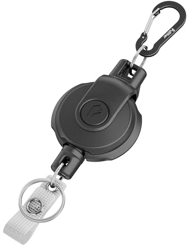 pullther Einziehbarer Schlüsselanhänger - 360° Drehbar, Dauerhaft Ausziehbarer Karabiner-Ausweishalter, Taktische ID-Ausweisrolle mit Ausziehbar, 80cm/31,5 Zoll-Stahlschnur, 250g/8,8 oz - Schwarz