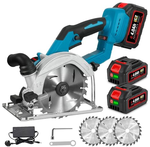 Cordless Battery Circular Saw - with 3 Saw Blades, 6500 RPM Plunge Circular Saw Cutting Depth 55 mm, 0-45° Professional Electric Saw to Cutting Wood (Incl. 2 Batteries)