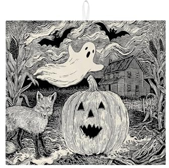 Halloween Dish Drying Mats For Kitchen Counter, Vintage Cat and Ghost Absorbent Mat, Spooky Microfiber Drying Pad For Coffee Bar Protector 16x18 Inch