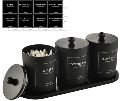 3 Pack Qtip Holder Bathroom Set,Cotton Ball Swab Pad Holder Cotton Round Floss Pick Dispenser with Tray,Glass Apothecary Jars with Lids,Bathroom Organizers and Storage Canisters-Amber