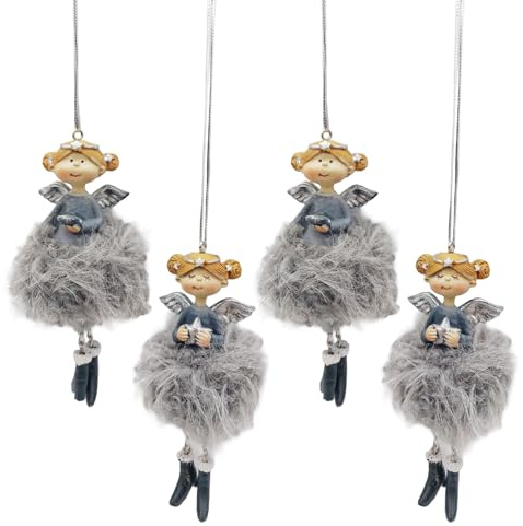 Engel Anhänger Grau & Silber, 4er Set: Weihnachtsengel zum Aufhängen, Weihnachtsanhänger, Schutzengel, Geschenkanhänger Weihnachten, Weihnachtsdeko Klein, 11 cm