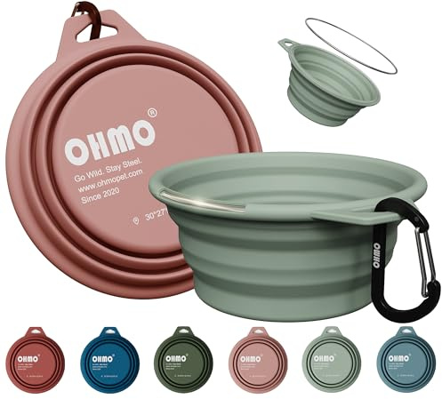 OHMO Bebedero Perro Portátil con Anillo de Acero Inoxidable Integrado (2 uds., 400ml, Rosa+Verde Claro), Cuenco Plegable de Agua de Silicona para Perros y Gatos, Cuencos Portátiles de Viaje Plegables