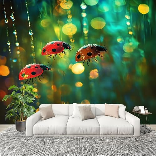 Mural Papel Pintado 3D 350x256cm Mariquita Animal De La Selva Fotomurales Tejido No Tejido Antiarrugas Póster Verde Murales Fotográfico Moderno Decoración de Paredes