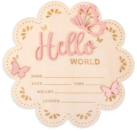 NQEUEPN Tarjetas de Hitos Bebe, 15,5cm Letrero de Madera Hello World Tarjetas Hitos Mensuales Bebe para Niños y Niñas Recién Nacidos Accesorios para Fotos Baby Shower Guardería (Rosa)