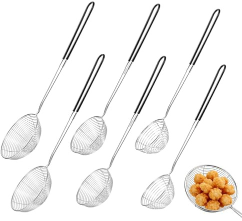Edelstahl Sieblöffel 6 Stück Set, Langer Griff für Fondue & Frittieren und | Lebensmittelechter Edelstahl, rostfrei, spülmaschinenfest, 3 Größen 28/29/31,5cm, Aufhänkeloch, hitzebeständiger Griff