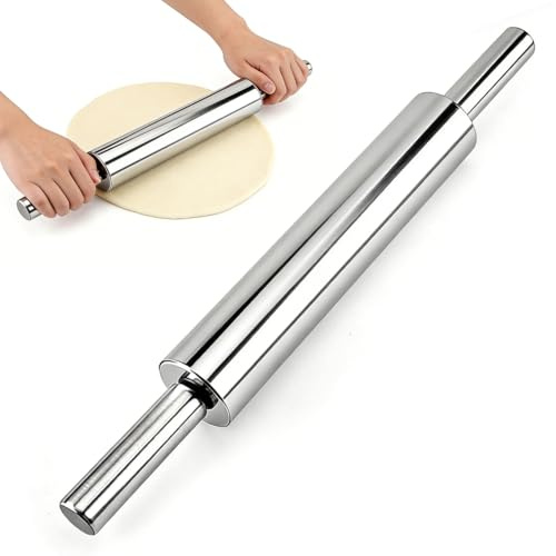 Mattarello in acciaio inox, 43 cm, mattarello in acciaio inox con manico, antiaderente in metallo, rotante, accessorio da forno