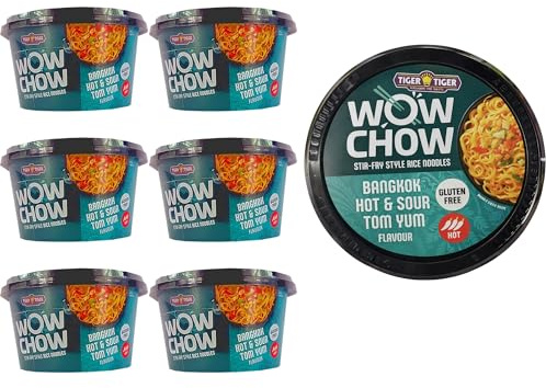 Tiger Tiger WOW CHOW Bangkok Hot & Sour Tom Yum Noodles Pot 6 Pack (76g Each) – Stir Fry Style Rice Noodle Pots, Gluten Free Instant Noodles Cup, Spicy Thai Instant Meals Multipack