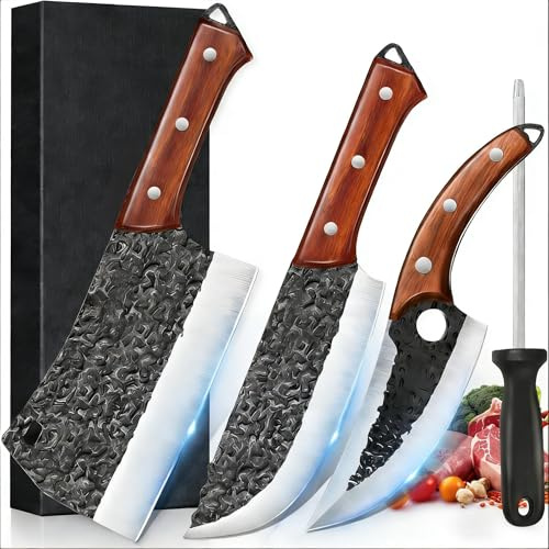 ZENG Set de 4 Couteaux de Cuisine, Couteau Chef Serbe 8, Couteau à Viande, Désosseur 6.5, Fusil 12, Lames Acier Haute Carbone 59HRC, Revêtement Martelé Anti-Adhésif