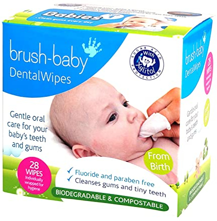 Brush-Baby DentalWipes for Babies, Stage 1 Birth, First Teeth, Suitable from 0-16 Months, Soft & Gently Clean Your Baby’s Mouth, Gums and Tongue, Individually Wrapped, White, 28 Count