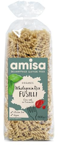 Amisa Organic Gluten-Free Wholegrain Rice Fusilli, 500g - Light & Digestible - High in Fibre & Gluten Free Pasta - Cooks in 7 Minutes