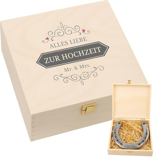 4youDesign Echtes Hufeisen in Holz-Geschenkschachtel Mr & Mrs Alles Liebe zur Hochzeit – 2 Hufeisennägel zum befestigen – Hochzeitsgeschenk für Paare – Glücksbringer Brautpaar - 17x17x3,5cm