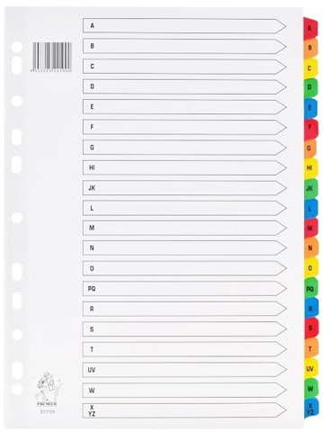 A4 File Subject Dividers A-Z Part Multi-Coloured Tabs with Reinforced Multi Punched Mylar tabs 150gsm (Pack of 5)